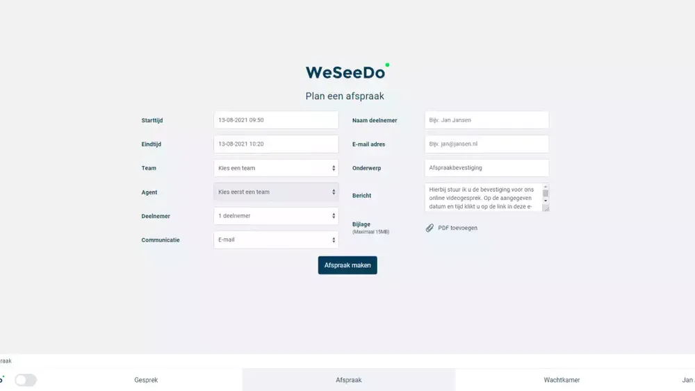 Screenshot van de afspraakpagina in WeSeeDo waar je makkelijk afspraken kunt inplannen