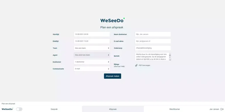 Screenshot van de afspraakpagina in WeSeeDo waar je makkelijk afspraken kunt inplannen