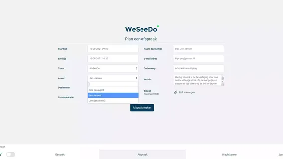 Screenshot van WeSeeDo platform waar je een afspraak kunt inplannen als een assistent