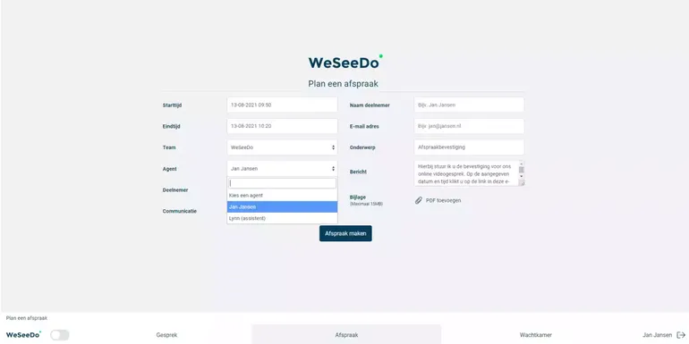 Screenshot van WeSeeDo platform waar je een afspraak kunt inplannen als een assistent