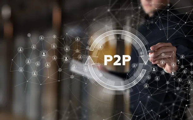 Een foto van een digitaal netwerk met de letters en cijfers: P2P