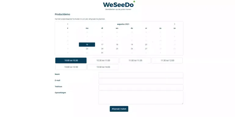 Screenshot van een agenda waarin je je eigen afspraak kan inplannen