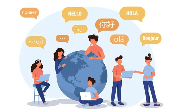 Illustratie van mensen die om wereldbol staan en in verschillende talen praten