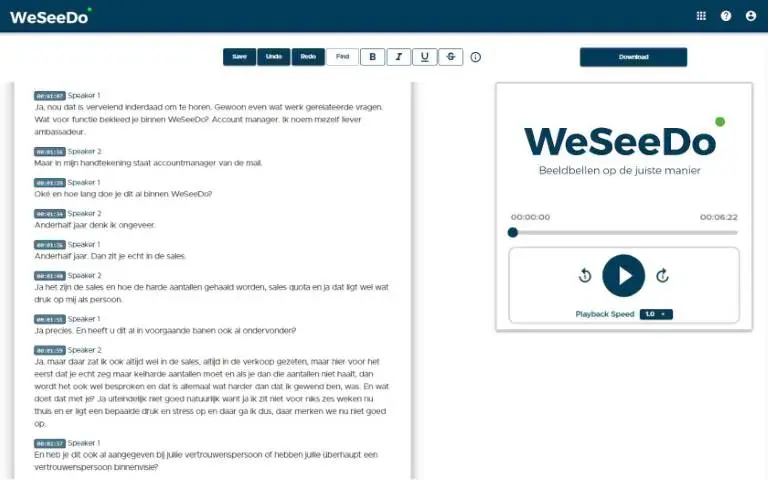 Screenshot van de transcriptie tool met een getranscribeerd gesprek