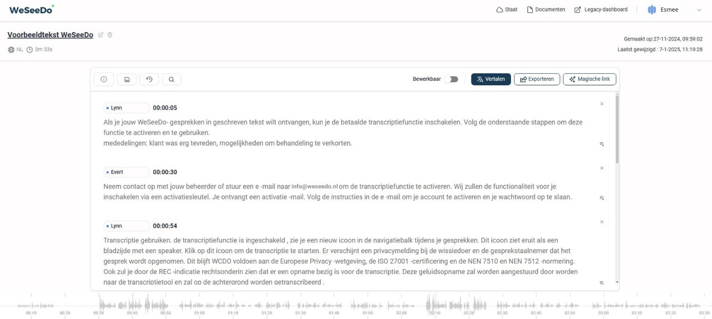 Screenshot van de transcriptie tool met een getranscribeerd gesprek